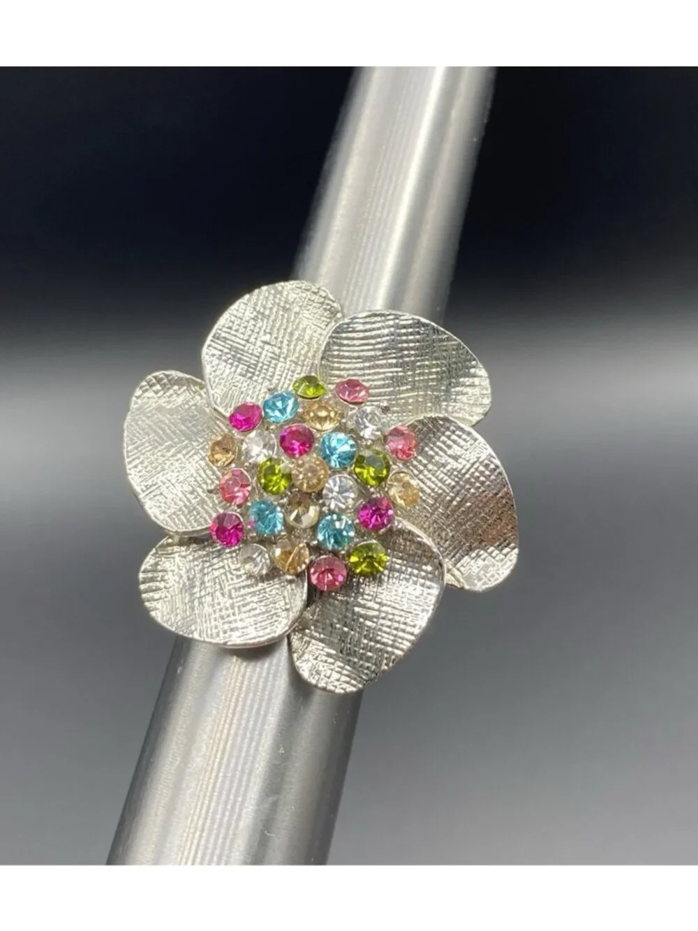 Silver-Tone Statement Ring Flower Multicolored Rhinestone Cocktail Ring Sz 6-8